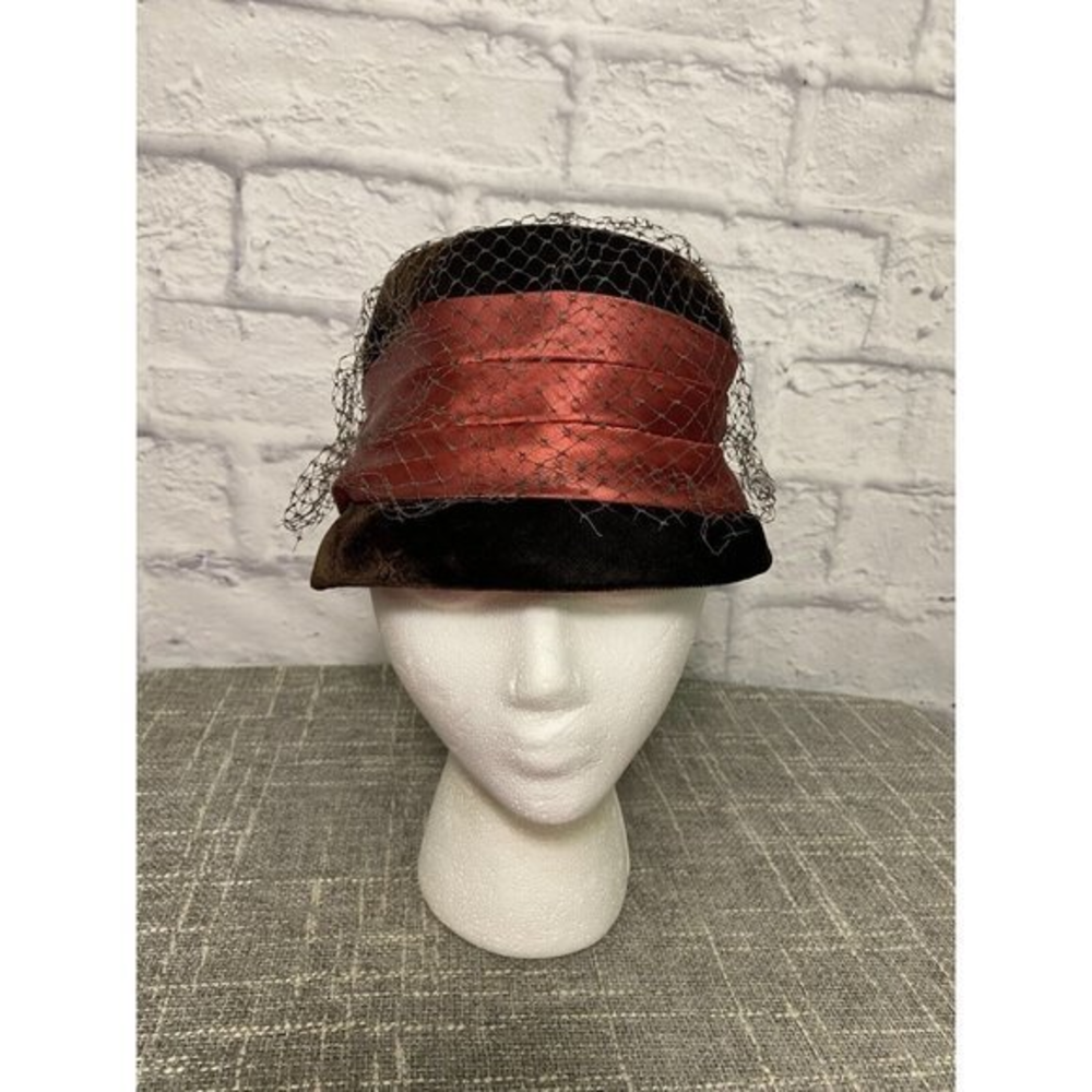 Pillbox Topper Hat Black Velvet Statement Ombre Classic‎ 281070 USA 22" Womens